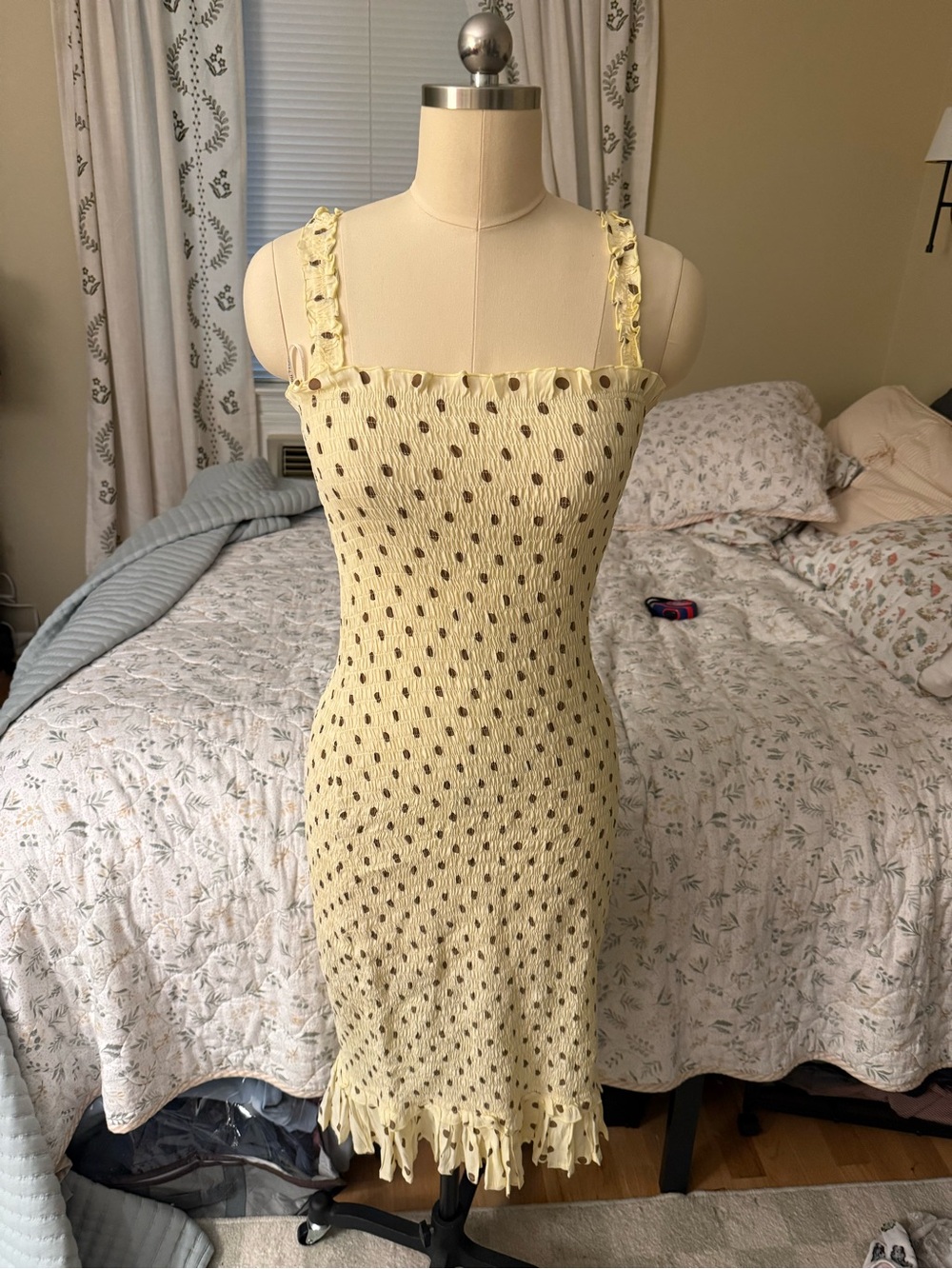 Faithful the Brand yellow and brown polkadot midi dress size US 6
